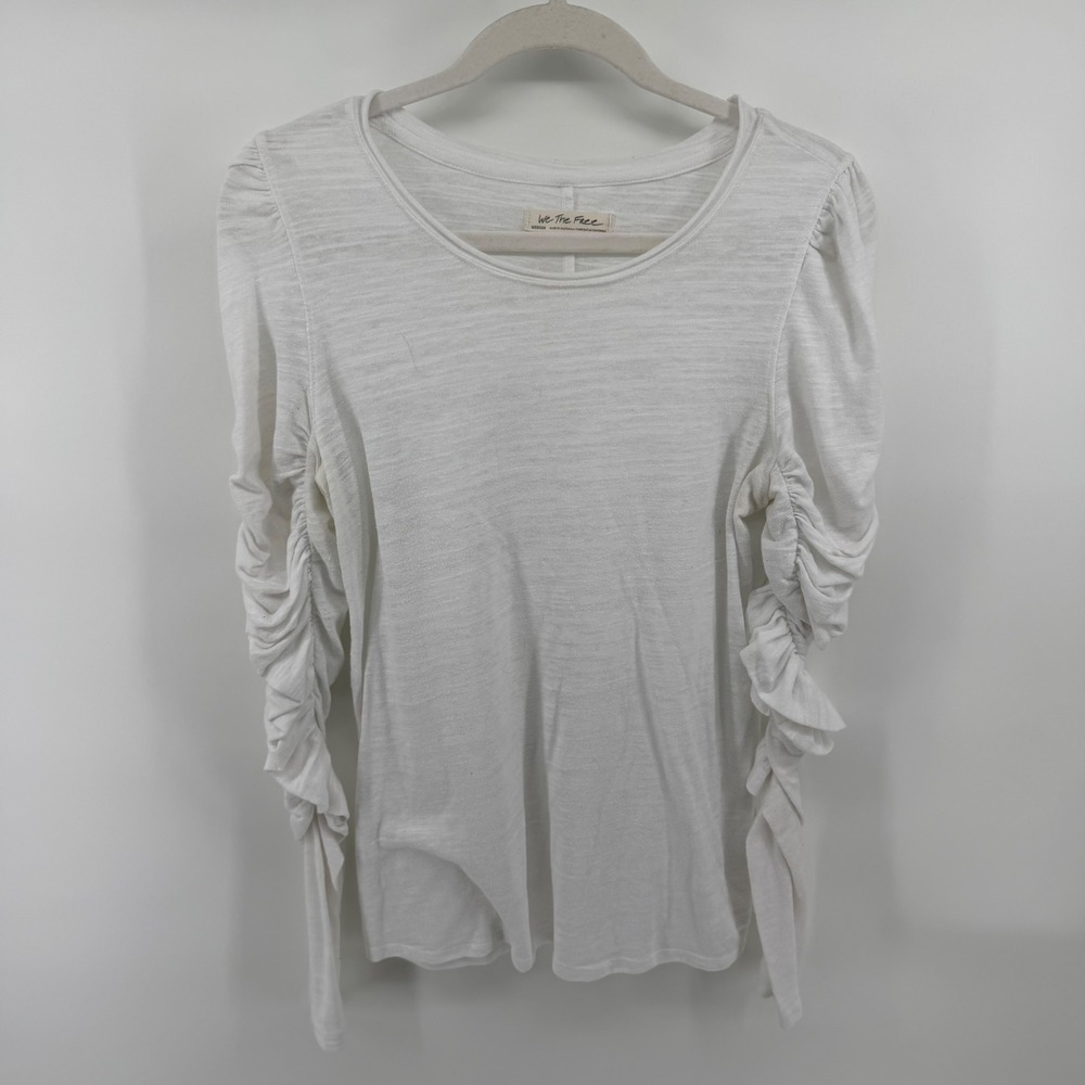 We The Free Free People White Ruched Ruffle‎ Sleeve Slub Top Medium OB101196A